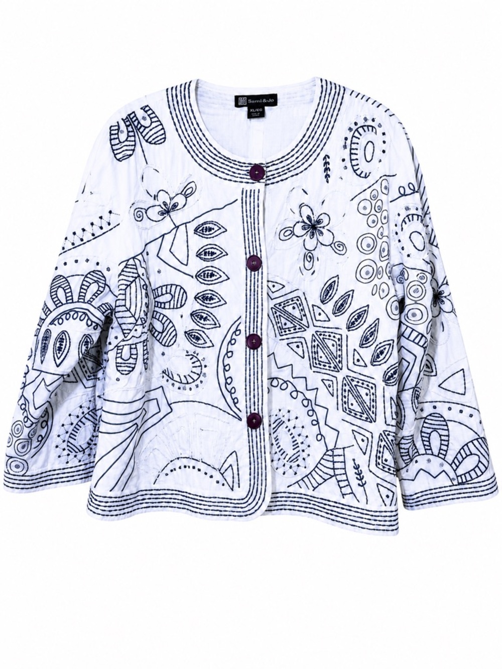 Casual Studio White Embroidered Appliqué Boho Art Jacket 100% Cotton XL